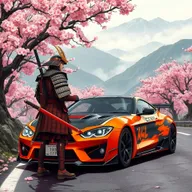 An action-packed illustration featuring the Mark II car in an intense samurai-themed setting
