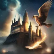 Create a book cover featuring Hogwarts in the background, with magical lights illuminating the sky