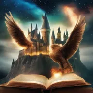 Create a book cover featuring Hogwarts in the background, with magical lights illuminating the sky