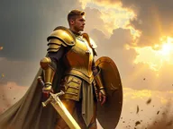 A heroic human paladin standing proud on a battlefield, clad in shining golden armor that glistens under the sunlight