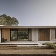 Front view of a dream house, single-story, blending modern and vintage styles using wood and cement as main materials