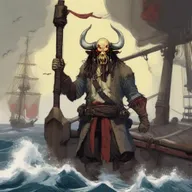 A D&D pirate with a slim body and Oni horns that resemble an ox's, colored in pale yellow and red