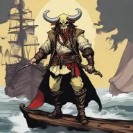 A D&D pirate with a slim body and Oni horns that resemble an ox's, colored in pale yellow and red