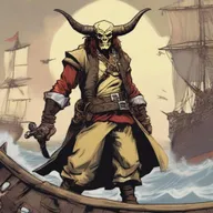 A D&D pirate with a slim body and Oni horns that resemble an ox's, colored in pale yellow and red