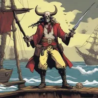 A D&D pirate with a slim body and Oni horns that resemble an ox's, colored in pale yellow and red