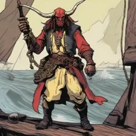 A D&D pirate with a slim body and Oni horns that resemble an ox's, colored in pale yellow and red