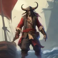 A D&D pirate with a regular face and slim body, featuring Oni horns that resemble an ox's, colored in pale yellow and red