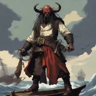 A D&D pirate with a regular face and slim body, featuring Oni horns that resemble an ox's