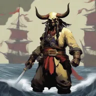 A D&D pirate with a regular face and slim body, featuring Oni horns that resemble an ox's