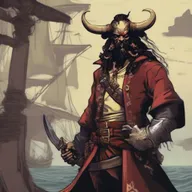 A D&D pirate with a regular face and slim body, featuring Oni horns that resemble an ox's