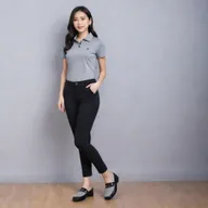 A stylish Asian female wearing a grey polo shirt neatly tucked into black legging pants, completed with black flat doll shoes.