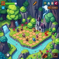 A pixel art style game interface set in a whimsical fantasy world, featuring a game board designed with colorful pixelated tiles that represent enchanted landscapes such as lush green forests, sparkling rivers, and tiny castles