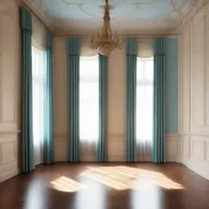 A scene featuring a white ceiling, a mahogany parquet floor, a beige wall, and a window with sky-blue curtains.