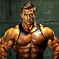 A muscular version of the man in the image, incorporating his real features but emphasizing a strong, Rambo-inspired physique