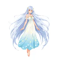 Full body character concept art of an ethereal female spirit named Lumina, characterized by very long, flowing silver hair and glowing golden eyes without pupils