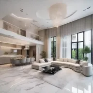 Impressive interior of a 6-bedroom house, lavishly furnished with contemporary designs, a state-of-the-art kitchen, plush living areas, and elegant decoration.