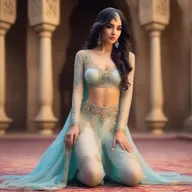 A beautiful woman dressed in a Jasmine costume from Aladdin, featuring transparent harem pants and a netting overlay