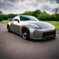 A Nissan 350Z with oversized wheels and an impressive spoiler attached to its back, enhancing its sporty appearance.