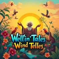 An engaging and dynamic illustration for a YouTube channel page titled "Wind Tellin' Tales," which focuses on Caribbean folklore