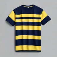 A navy-colored t-shirt featuring a prominent yellow stripe on the left sleeve
