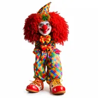 Friendly and colorful cartoonish clown with big red nose, oversized shoes, and a curly wig