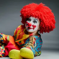 Friendly and colorful cartoonish clown with big red nose, oversized shoes, and a curly wig