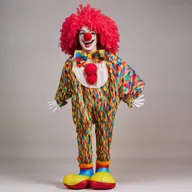 Friendly and colorful cartoonish clown with big red nose, oversized shoes, and a curly wig