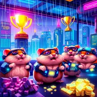 A bright and vibrant cyberpunk splash screen for 'Hamster Kombat: Gamedev Idle-Sim'