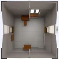 Generate a 3D view of a 20 feet by 22 feet room, arranged with 24 seats. The seating plan should take into account different factors like event type, office seating style, and additional room features.