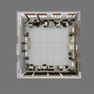 Generate a 3D view of a 20 feet by 22 feet room, arranged with 24 seats. The seating plan should take into account different factors like event type, office seating style, and additional room features.