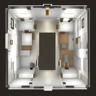 Generate a 3D view of a 20 feet by 22 feet room, arranged with 24 seats. The seating plan should take into account different factors like event type, office seating style, and additional room features.