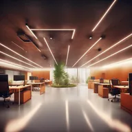 Draw a large, modern office space featuring five private cabins, a room for the Managing Director, and a separate room for a Director. Include a boardroom, 150 workstation areas, a cafeteria that can hold 50 people, and a training hall for 100 people. Add a welcoming reception area, a server room, storage room, and a room for electricity management.