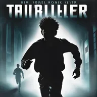A black thriller book cover with a teenage boy running away from a shadowy figure