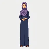 A full-body pixel art sprite of a slim young woman wearing a modest dark slate-blue tunic and wide matching pants