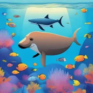 An illustration featuring one marlin and one walrus in a whimsical underwater scene