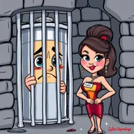 A colorful cartoon-style illustration of a battery character behind bars in a prison cell, looking sad but hopeful