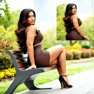 A strikingly attractive woman with a curvy figure and a prominent big ass, sitting sideways on a sleek, modern bench