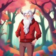 A cute white-haired satyr wearing a cozy red sweater, standing in a whimsical forest setting