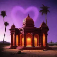 A maroon-colored heart-shaped decorative temple adorned with jewels throughout, illuminated by lighted lamps