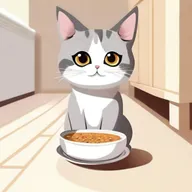 A cute cat with big eyes looking sadly at an empty bowl