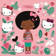 A charming and playful portrait of a person with mixed Mexican and Black heritage, infused with a 'Hello Kitty' theme