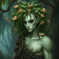 A sorcerer with green hair reminiscent of the leaves of a weeping willow, featuring strange, eerie flowers and mushrooms growing within