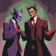 A Dungeons and Dragons style, fantasy-themed image of a half-elf warlock speaking to his patron, a devil figure wearing a full suit and tie, resembling a modern-day businessman