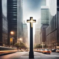 A serene and inspiring scene showcasing a cross in the middle of a bustling city