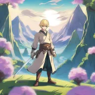 A blonde swordsman with short hair in a fantasy land, depicted in an anime style