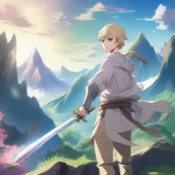 A blonde swordsman with short hair in a fantasy land, depicted in an anime style