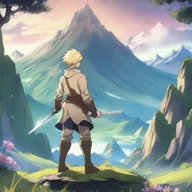 A blonde swordsman with short hair in a fantasy land, depicted in an anime style