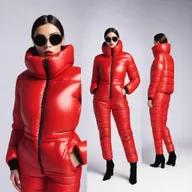 A stylish and confident woman wearing a tight red puffer suit