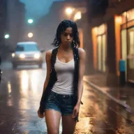 A front-view image of a girl walking in heavy rain, wearing a white tank top, jeans, and heels