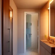 Innovative small bathroom designs featuring a central door, along with stylish fixtures, smart storage solutions, and good lighting
